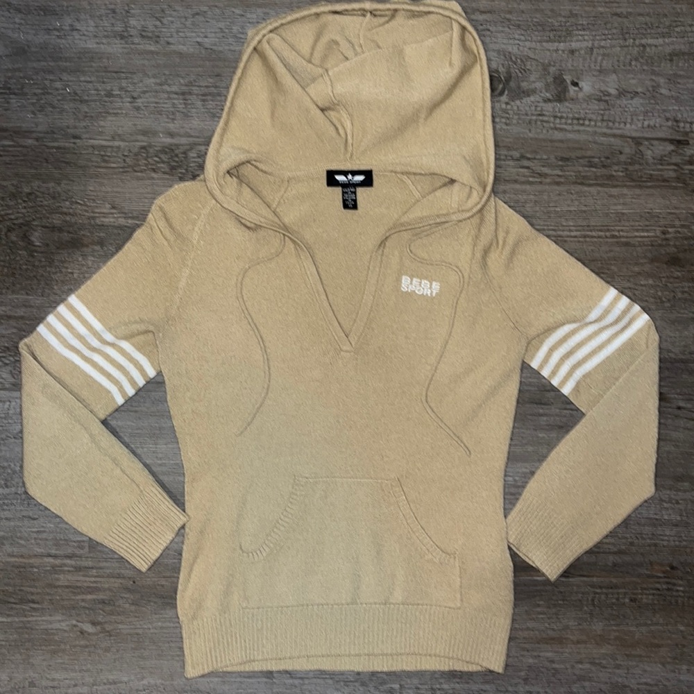 Bebe Sport sweater XS hoodie 3/4 sleeve soft tan white y2k